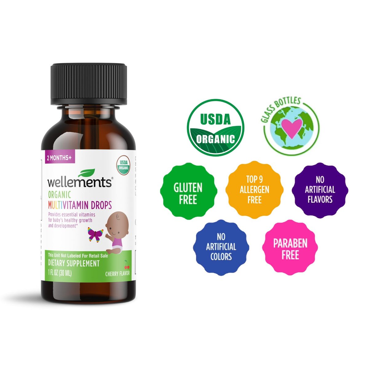 Wellements Bio Baby Multivitamin-Tropfen (1 Fl Oz) – Kirschgeschmack, flüssige Multivitamine für Säuglinge & Kleinkinder (ab 2 Monaten) – Für Immunsystem, gesundes Wachstum & Knochenentwicklung