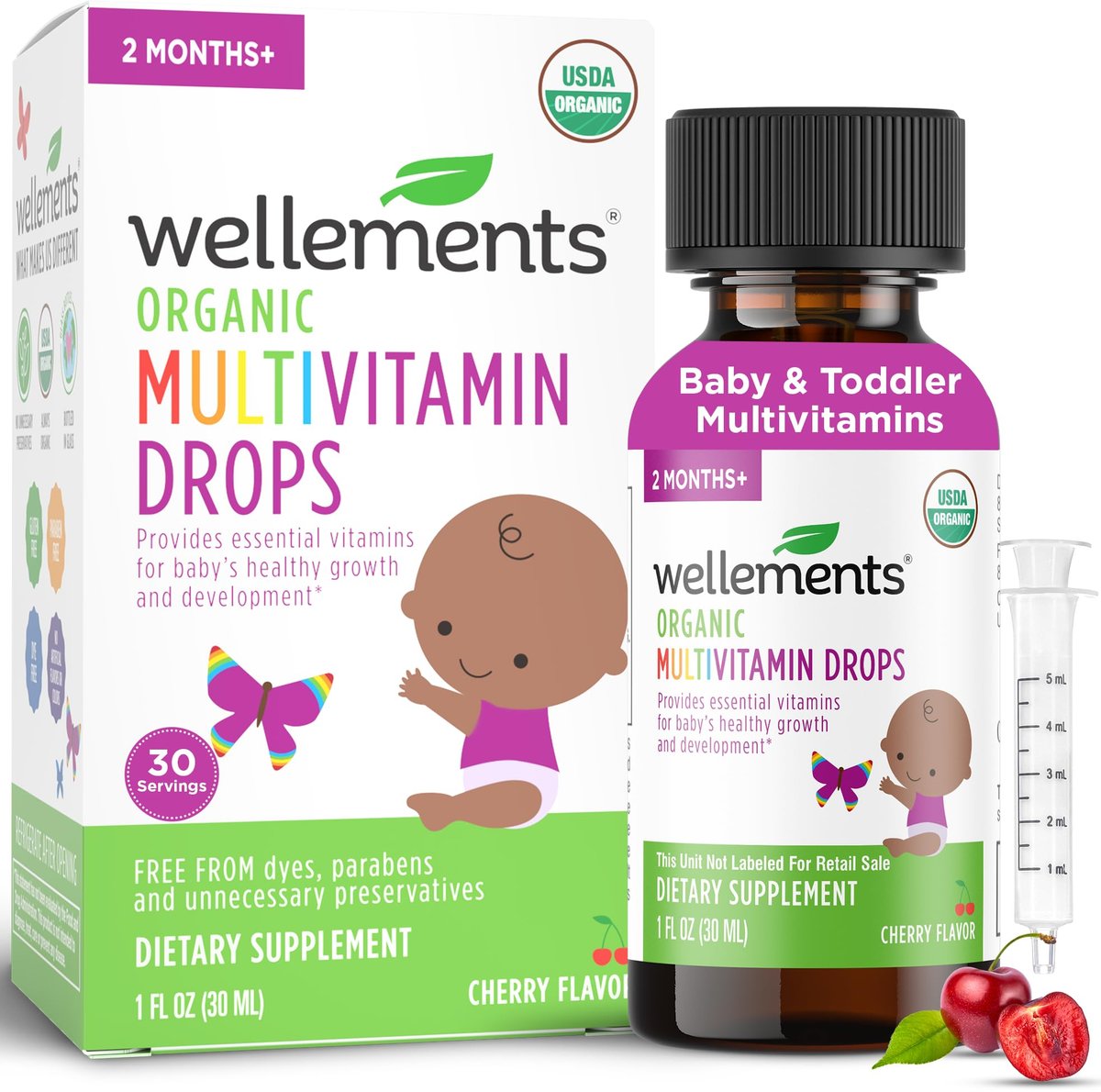 Wellements Bio Baby Multivitamin-Tropfen (1 Fl Oz) – Kirschgeschmack, flüssige Multivitamine für Säuglinge & Kleinkinder (ab 2 Monaten) – Für Immunsystem, gesundes Wachstum & Knochenentwicklung