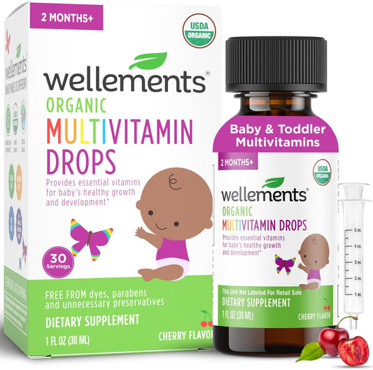 Wellements Bio Baby Multivitamin-Tropfen (1 Fl Oz) – Kirschgeschmack, flüssige Multivitamine für Säuglinge & Kleinkinder (ab 2 Monaten) – Für Immunsystem, gesundes Wachstum & Knochenentwicklung