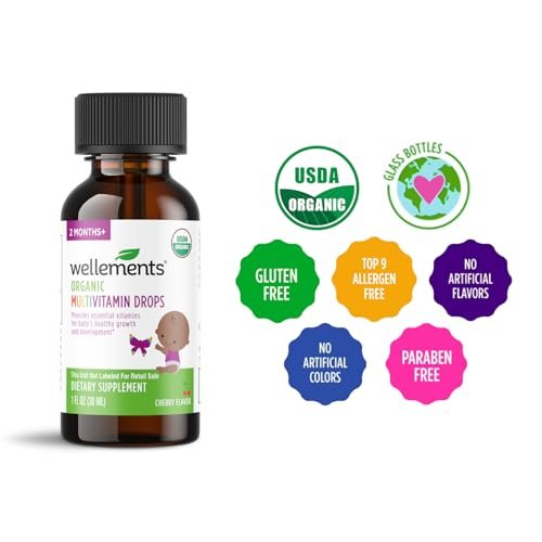 Wellements Bio Baby Multivitamin-Tropfen (1 Fl Oz) – Kirschgeschmack, flüssige Multivitamine für Säuglinge & Kleinkinder (ab 2 Monaten) – Für Immunsystem, gesundes Wachstum & Knochenentwicklung