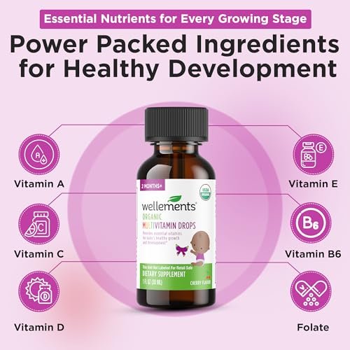 Wellements Bio Baby Multivitamin-Tropfen (1 Fl Oz) – Kirschgeschmack, flüssige Multivitamine für Säuglinge & Kleinkinder (ab 2 Monaten) – Für Immunsystem, gesundes Wachstum & Knochenentwicklung