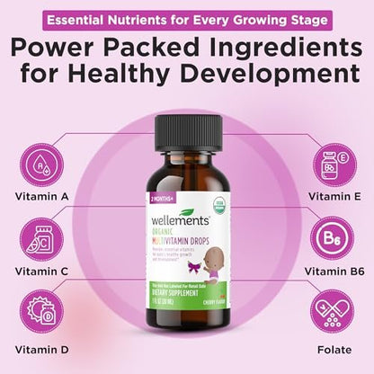 Wellements Bio Baby Multivitamin-Tropfen (1 Fl Oz) – Kirschgeschmack, flüssige Multivitamine für Säuglinge & Kleinkinder (ab 2 Monaten) – Für Immunsystem, gesundes Wachstum & Knochenentwicklung