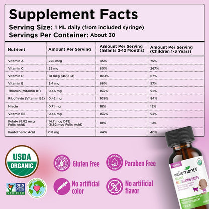 Wellements Bio Baby Multivitamin-Tropfen (1 Fl Oz) – Kirschgeschmack, flüssige Multivitamine für Säuglinge & Kleinkinder (ab 2 Monaten) – Für Immunsystem, gesundes Wachstum & Knochenentwicklung
