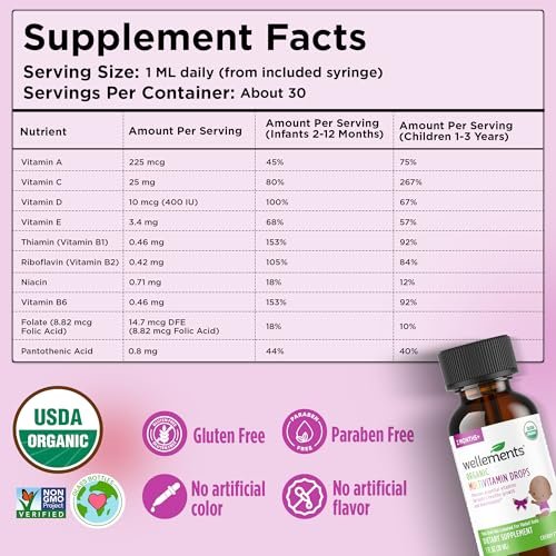 Wellements Bio Baby Multivitamin-Tropfen (1 Fl Oz) – Kirschgeschmack, flüssige Multivitamine für Säuglinge & Kleinkinder (ab 2 Monaten) – Für Immunsystem, gesundes Wachstum & Knochenentwicklung