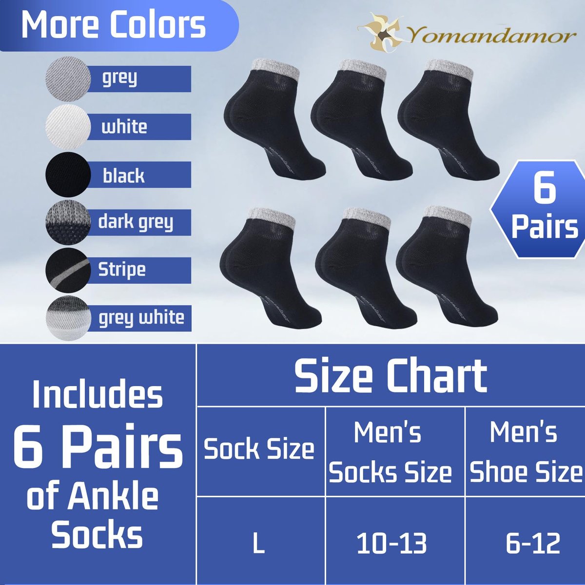 Yomandamor Herren Diabetiker Knöchelsocken mit nahtloser Zehe und nicht einschnürendem Bund, 6 Paar, Größe L (10-13)