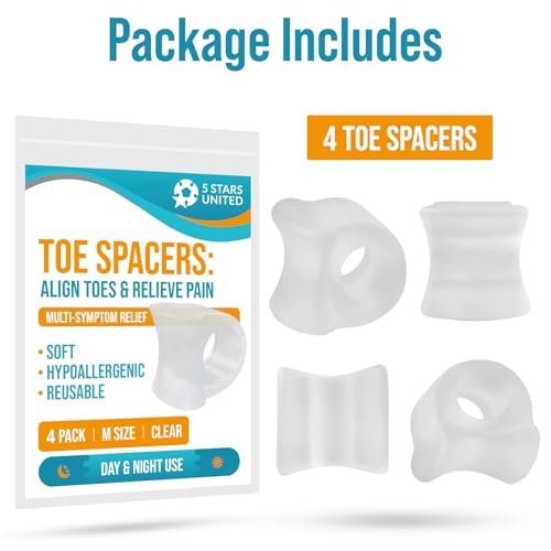 5 STARS UNITED Große Zehenspreizer für Männer & Frauen – 4 Gel-Separatoren für überlappende & gekrümmte Zehen, Ballenzehen, Ausrichtung – Diabetische Fußpflege, Silikon-Spreizer, Korrektor & Begradiger, Transparent