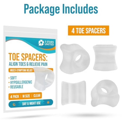 5 STARS UNITED Große Zehenspreizer für Männer & Frauen – 4 Gel-Separatoren für überlappende & gekrümmte Zehen, Ballenzehen, Ausrichtung – Diabetische Fußpflege, Silikon-Spreizer, Korrektor & Begradiger, Transparent