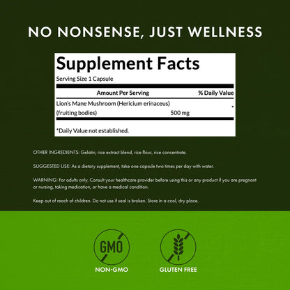 Swanson Löwenmähne Pilz – Gehirngesundheit für Profis: Mentale Konzentration, Gedächtnis und Klarheit – 500 mg (60 vegane Kapseln, 4 Flaschen)