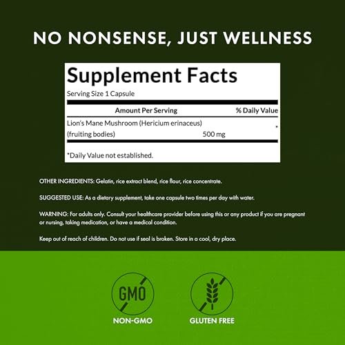 Swanson Löwenmähne Pilz – Gehirngesundheit für Profis: Mentale Konzentration, Gedächtnis und Klarheit – 500 mg (60 vegane Kapseln, 4 Flaschen)