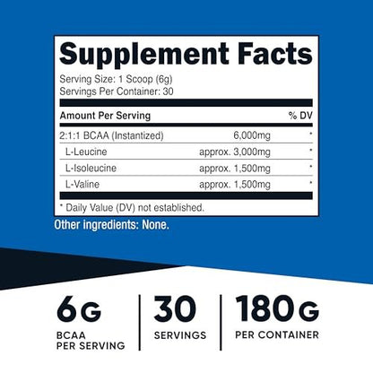Nutricost BCAA Pulver (ungeschmackt, 30 Portionen) - Vegetarisch, Nicht-GVO, Glutenfrei, Optimales 2:1:1 Verhältnis