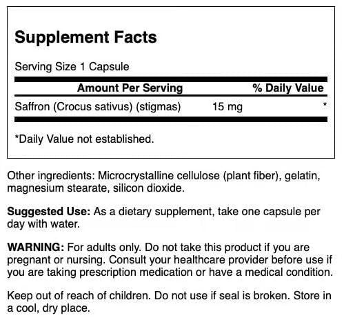 Swanson Vollspektrum Bio Spanischer Safran – Stimmungs- und Stressunterstützung für Erwachsene – Ganze gemahlene Narben (60 vegane Kapseln, 15 mg)