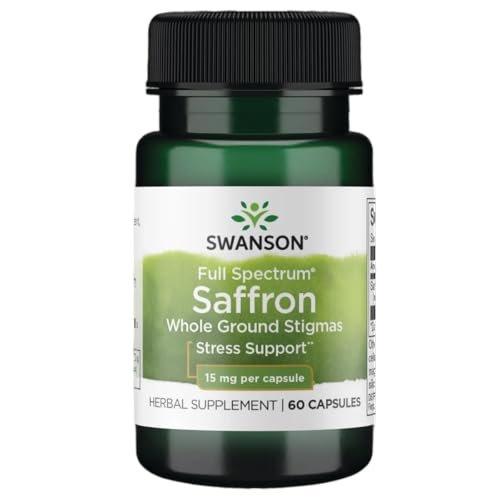 Swanson Vollspektrum Bio Spanischer Safran – Stimmungs- und Stressunterstützung für Erwachsene – Ganze gemahlene Narben (60 vegane Kapseln, 15 mg)