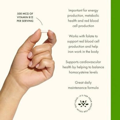 Swanson Vitamin B12 Cyanocobalamin 500 mcg – 250 vegane Kapseln zur Unterstützung von Energie, Nervensystem und Herzgesundheit