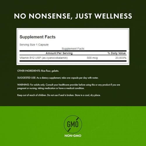 Swanson Vitamin B12 Cyanocobalamin 500 mcg – 250 vegane Kapseln zur Unterstützung von Energie, Nervensystem und Herzgesundheit
