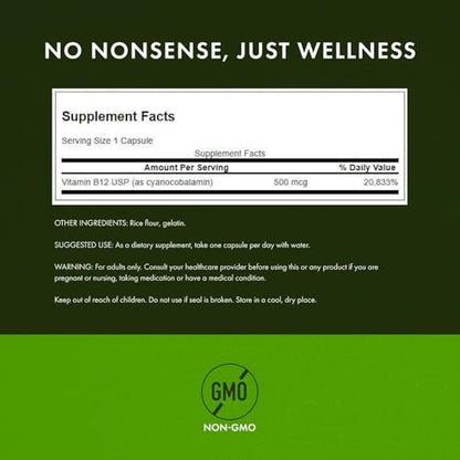 Swanson Vitamin B12 Cyanocobalamin 500 mcg – 250 vegane Kapseln zur Unterstützung von Energie, Nervensystem und Herzgesundheit