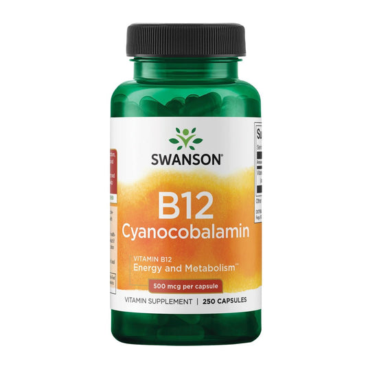 Swanson Vitamin B12 Cyanocobalamin 500 mcg – 250 vegane Kapseln zur Unterstützung von Energie, Nervensystem und Herzgesundheit