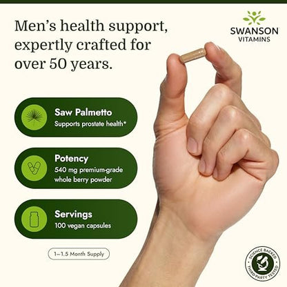 Swanson Sägepalme Vollspektrum Kräuterergänzung für Männer zur Unterstützung von Prostata, Haar und Harnwegen - 540 mg (100 vegane Kapseln)
