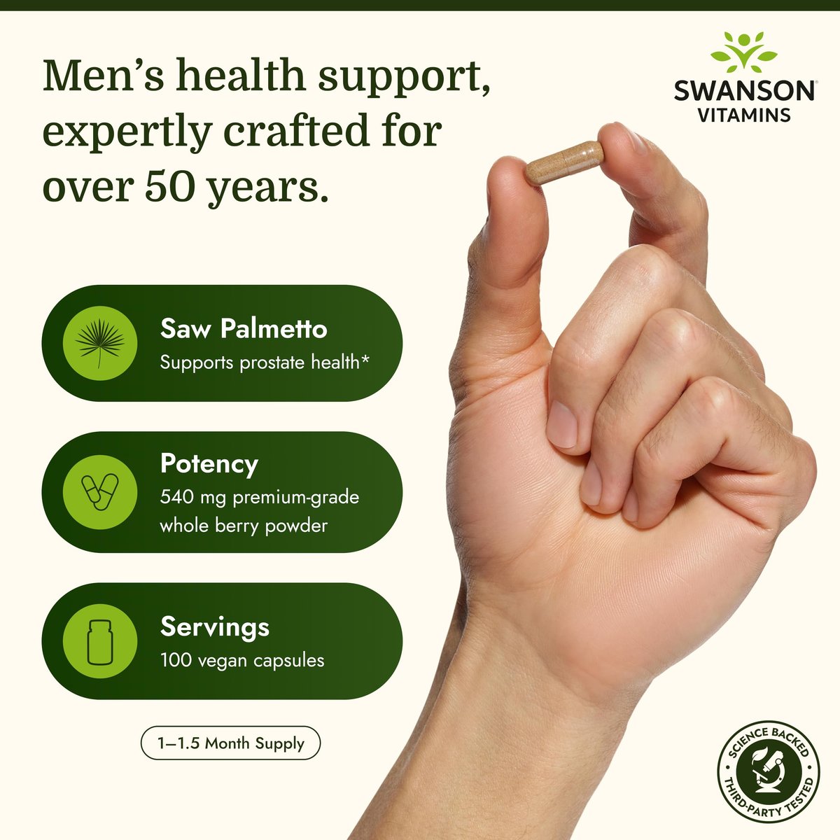 Swanson Sägepalme Vollspektrum Kräuterergänzung für Männer zur Unterstützung von Prostata, Haar und Harnwegen - 540 mg (100 vegane Kapseln)