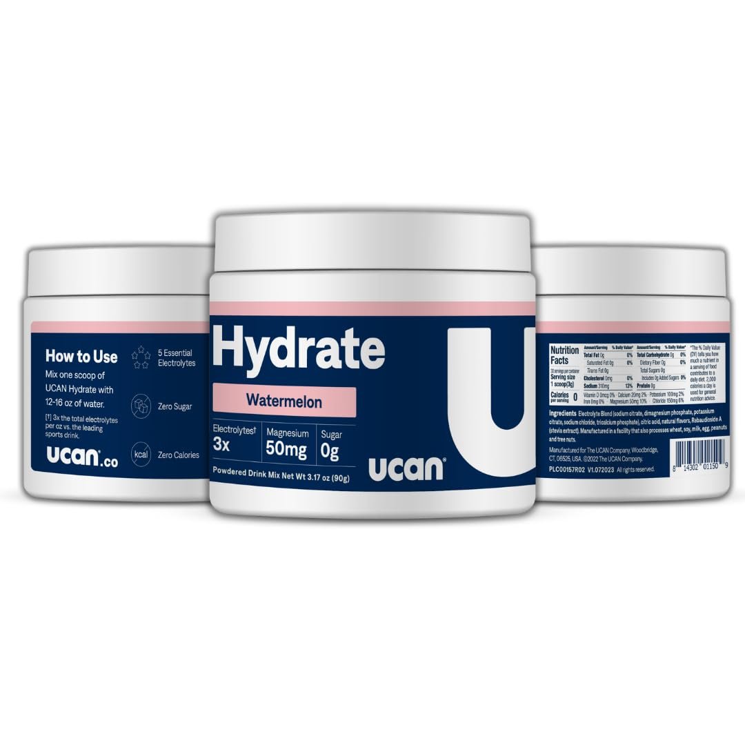 UCAN Hydrate Elektrolyt-Getränkemischung (Wassermelone, 30 Portionen) – Zuckerfrei, Keto-freundlich, Vegan, Nicht-GVO, Glutenfrei – Elektrolytpulver mit Kalium & Magnesium für Läufer & Sportler