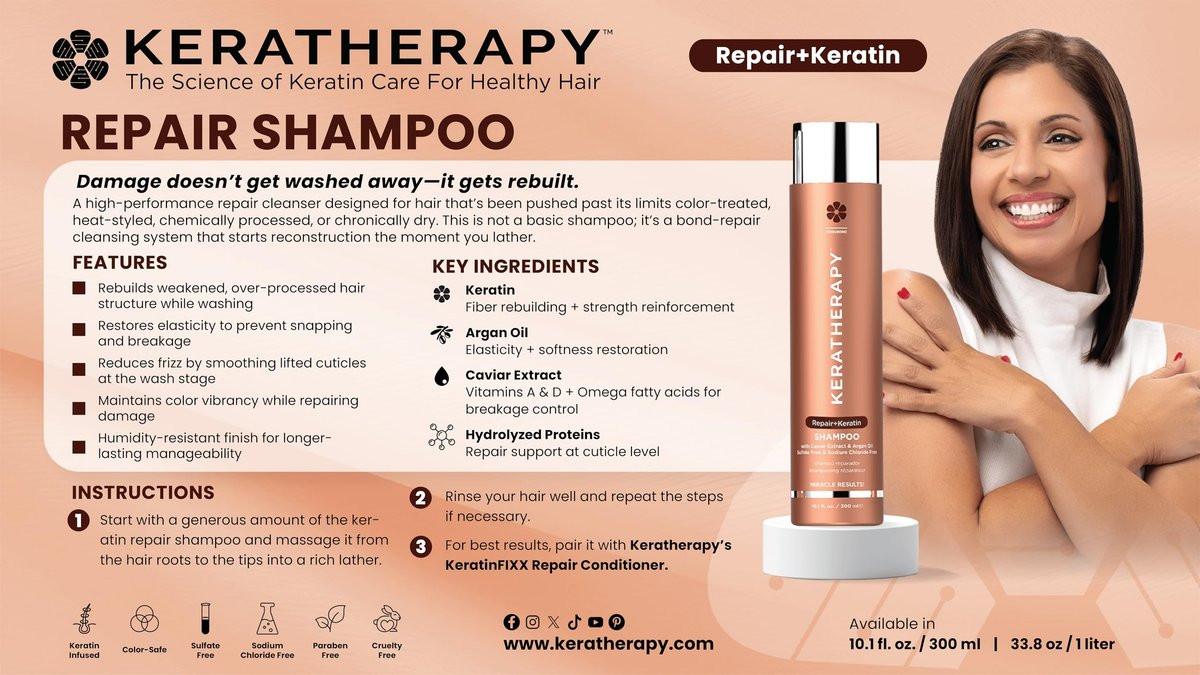 KERATHERAPY Keratin Infused KeratinFIXX Repair Shampoo – Reparierendes Shampoo für trockenes, geschädigtes oder krauses Haar mit Kaviar-Extrakt, 300 ml