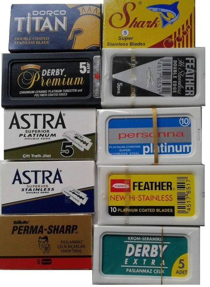 100 Rasierklingen Sicherheitsrasierer Doppelklingen von 10 Top-Marken - Feather, ASTRA, PERSONNA - Probierpaket