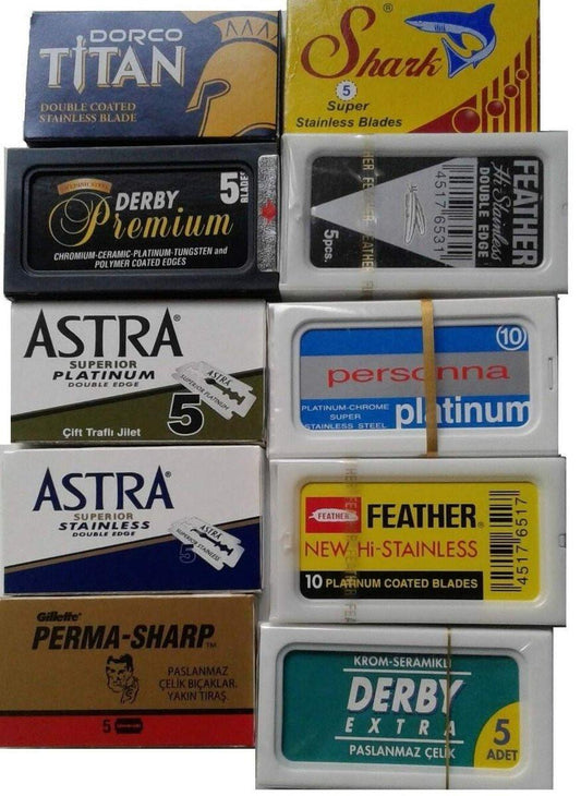 100 Rasierklingen Sicherheitsrasierer Doppelklingen von 10 Top-Marken - Feather, ASTRA, PERSONNA - Probierpaket