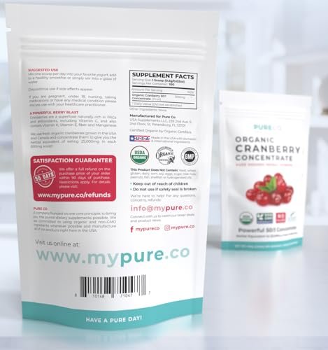 PURE CO USDA Bio Cranberry Konzentrat Pulver - Bio Cranberry Pulver 500mg 50:1 Extrakt pro Portion - Nierenreinigung & Unterstützung der Harnwege für Frauen - 100 Portionen