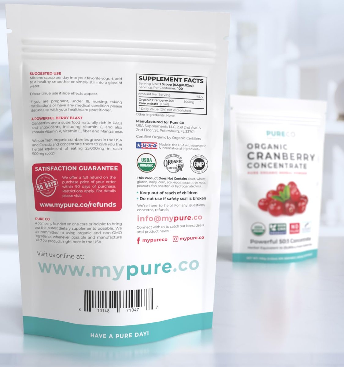 PURE CO USDA Bio Cranberry Konzentrat Pulver - Bio Cranberry Pulver 500mg 50:1 Extrakt pro Portion - Nierenreinigung & Unterstützung der Harnwege für Frauen - 100 Portionen