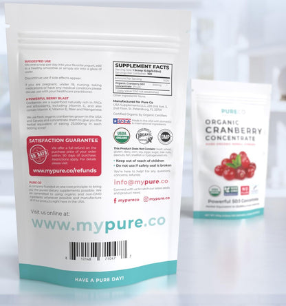 PURE CO USDA Bio Cranberry Konzentrat Pulver - Bio Cranberry Pulver 500mg 50:1 Extrakt pro Portion - Nierenreinigung & Unterstützung der Harnwege für Frauen - 100 Portionen