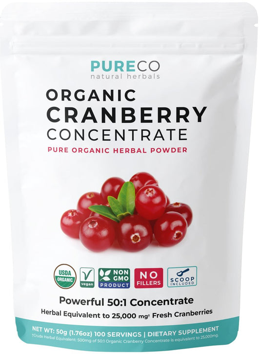PURE CO USDA Bio Cranberry Konzentrat Pulver - Bio Cranberry Pulver 500mg 50:1 Extrakt pro Portion - Nierenreinigung & Unterstützung der Harnwege für Frauen - 100 Portionen