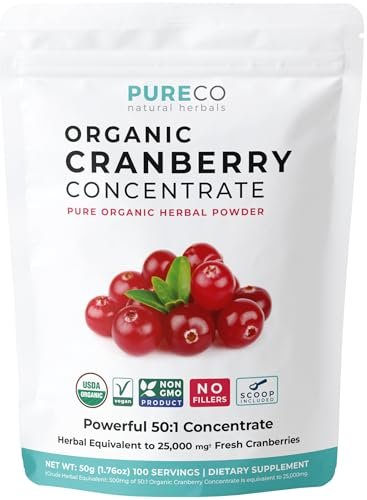 PURE CO USDA Bio Cranberry Konzentrat Pulver - Bio Cranberry Pulver 500mg 50:1 Extrakt pro Portion - Nierenreinigung & Unterstützung der Harnwege für Frauen - 100 Portionen
