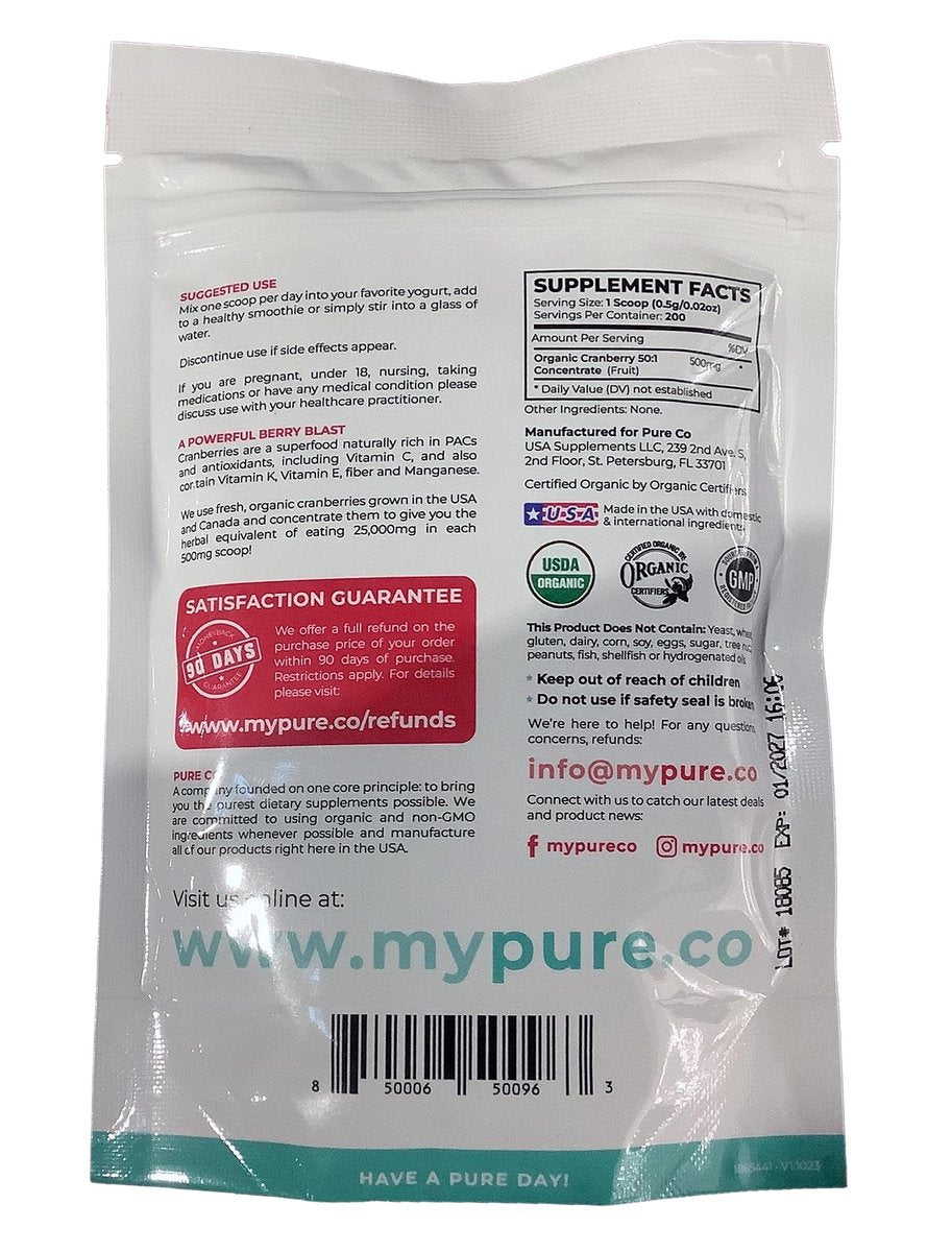 PURE CO USDA Bio Cranberry Konzentrat Pulver - Bio Cranberry Pulver 500mg 50:1 Extrakt pro Portion - Nierenreinigung & Unterstützung der Harnwege für Frauen - 100 Portionen