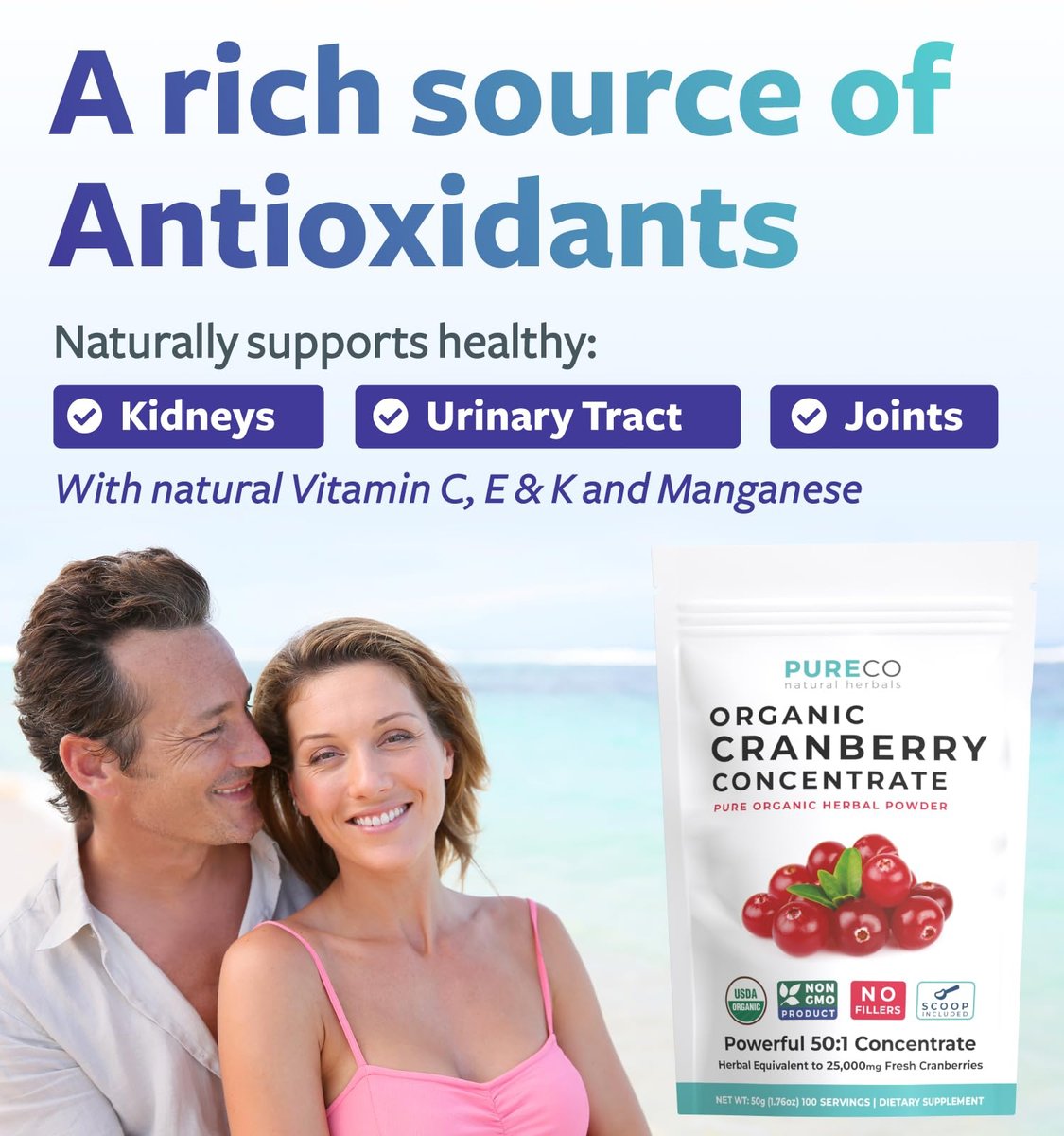 PURE CO USDA Bio Cranberry Konzentrat Pulver - Bio Cranberry Pulver 500mg 50:1 Extrakt pro Portion - Nierenreinigung & Unterstützung der Harnwege für Frauen - 100 Portionen