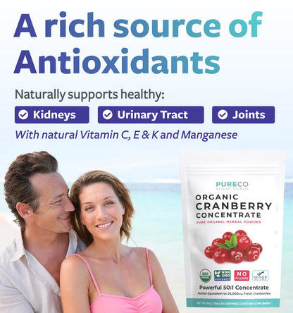PURE CO USDA Bio Cranberry Konzentrat Pulver - Bio Cranberry Pulver 500mg 50:1 Extrakt pro Portion - Nierenreinigung & Unterstützung der Harnwege für Frauen - 100 Portionen