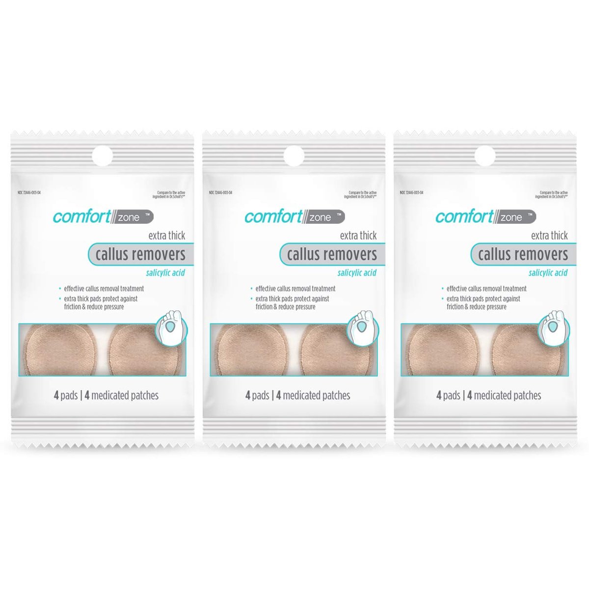 Comfort Zone Extra Dicke Hornhautentferner-Pads für die Füße, mit 40% Salicylsäure, schützende Hornhautpads zur Polsterung und Schutz vor Reibung, 4 Stück, Packung mit 3