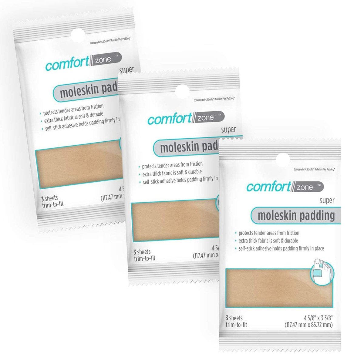 Comfort Zone Super Moleskin Polster für die Füße – Schützt empfindliche Stellen vor Reibung, hellbraun, 3er-Pack