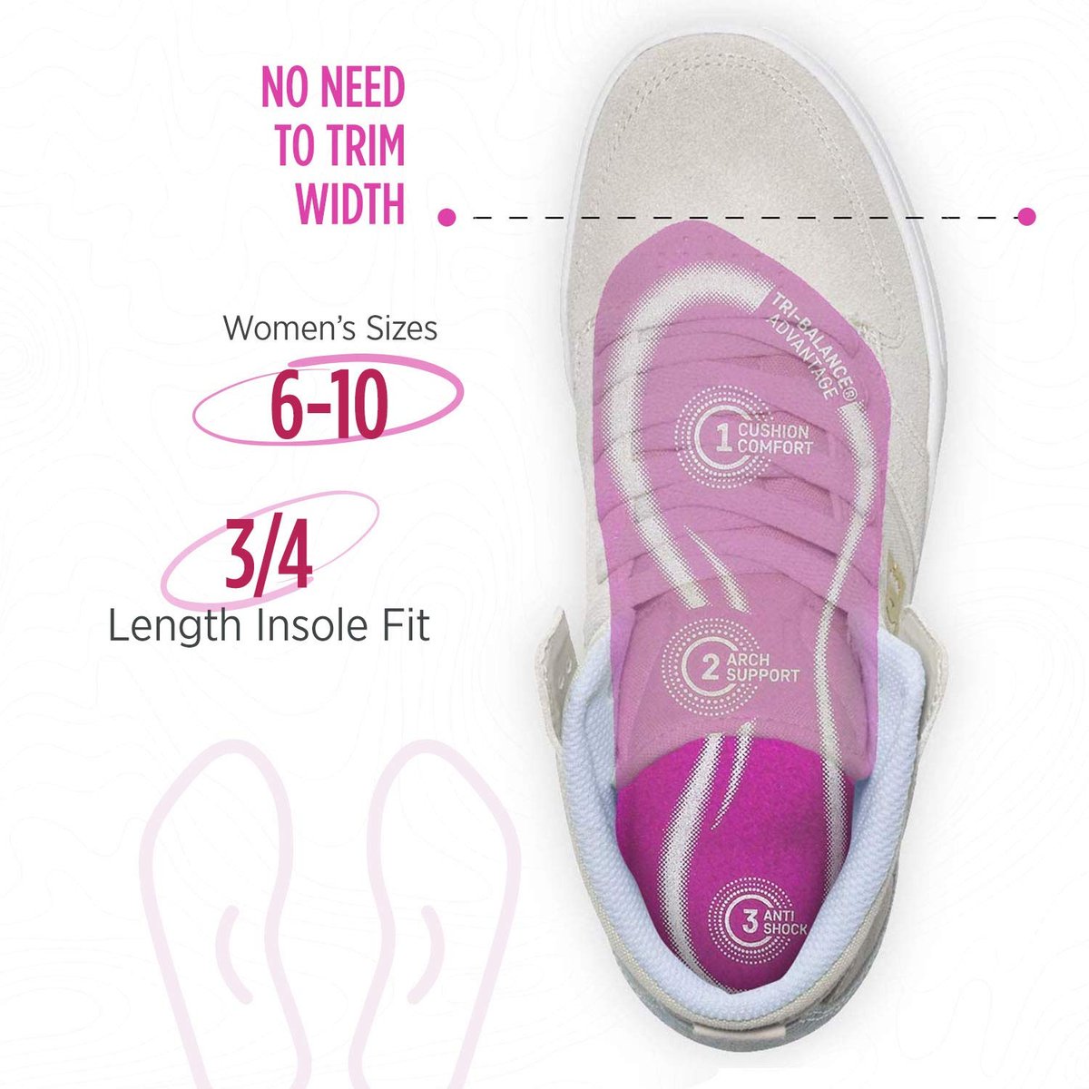 Comfort Zone Tri-Balance Gel Einlegesohlen für Damen – Rutschfest & Gepolstert – 3/4 Längen-Bogenstütze – Damen Größen 6-10 – 1 Paar