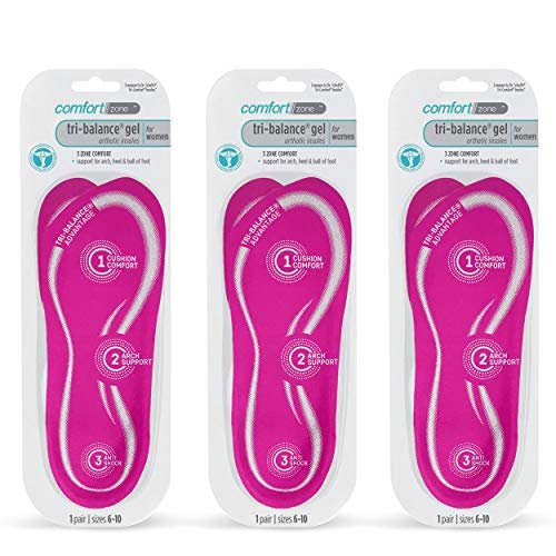 Comfort Zone Tri-Balance Gel Orthotic Einlegesohlen für Damen, rutschfest & gepolstert, passt gut mit Fersen- und Ballenstützen, 3/4 Länge Fußgewölbestützen für Damen, Größen 6-10, 1 Paar, 3er-Pack