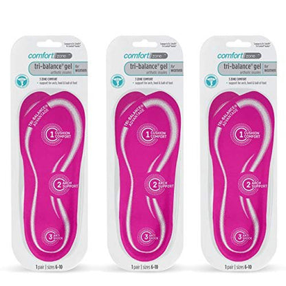 Comfort Zone Tri-Balance Gel Orthotic Einlegesohlen für Damen, rutschfest & gepolstert, passt gut mit Fersen- und Ballenstützen, 3/4 Länge Fußgewölbestützen für Damen, Größen 6-10, 1 Paar, 3er-Pack