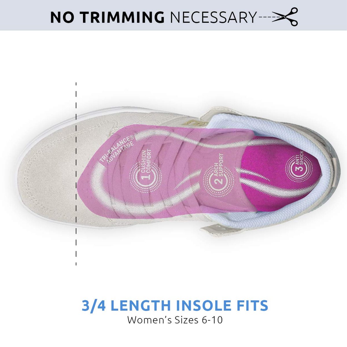 Comfort Zone Tri-Balance Gel Orthotic Einlegesohlen für Damen, rutschfest & gepolstert, passt gut mit Fersen- und Ballenstützen, 3/4 Länge Fußgewölbestützen für Damen, Größen 6-10, 1 Paar, 3er-Pack