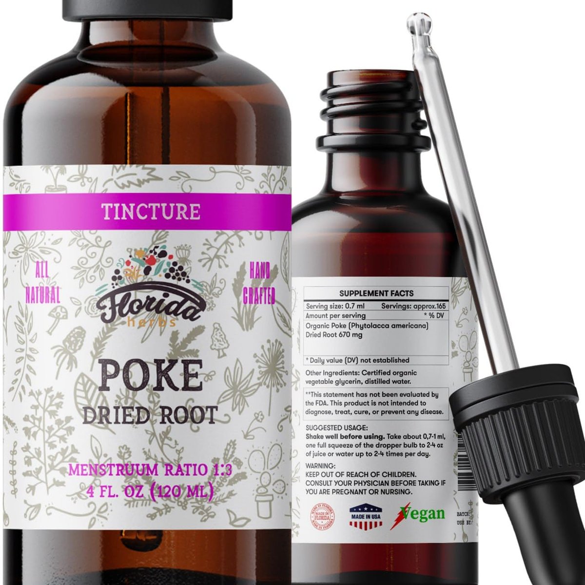 FLORIDA HERBS Bio Poke Root Tinktur | Poke-Extrakt für Immun- & Lymphunterstützung | Alkoholfrei, Vegan, Nicht-GMO | Hergestellt in USA | 60 ml