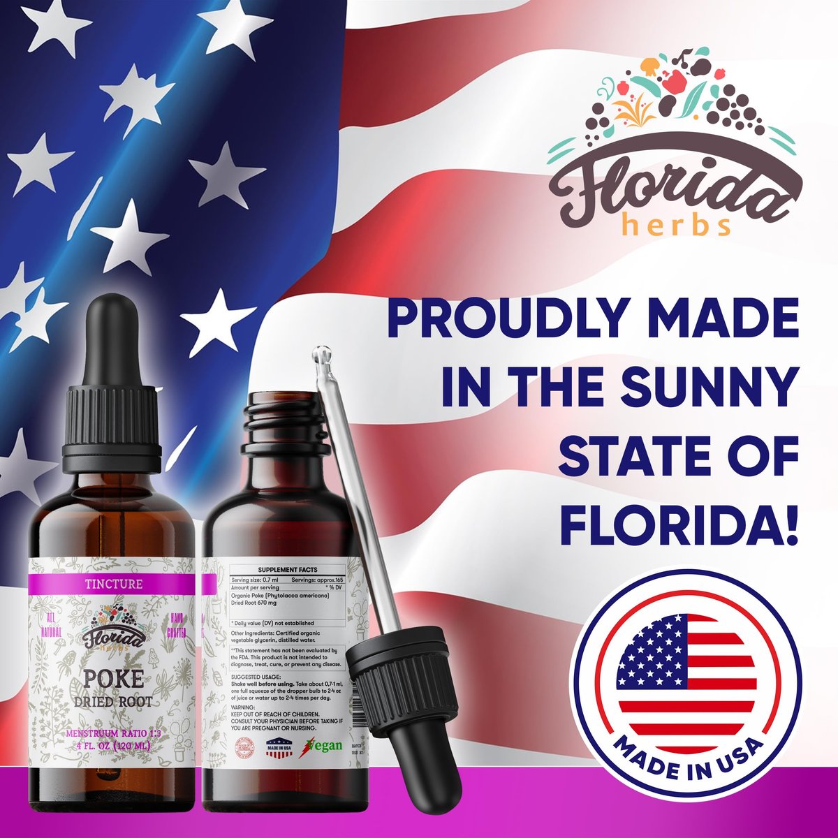 FLORIDA HERBS Bio Poke Root Tinktur | Poke-Extrakt für Immun- & Lymphunterstützung | Alkoholfrei, Vegan, Nicht-GMO | Hergestellt in USA | 60 ml