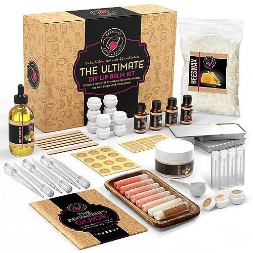 CraftZee PREMIUM Lippenbalsem-Set – DIY Lippenpflege, natürliches Bienenwachs, Sheabutter, Mandelöl, ätherische Öle, Werkzeuge, Anleitung – Erwachsenen-Bastelset (66-teilig)