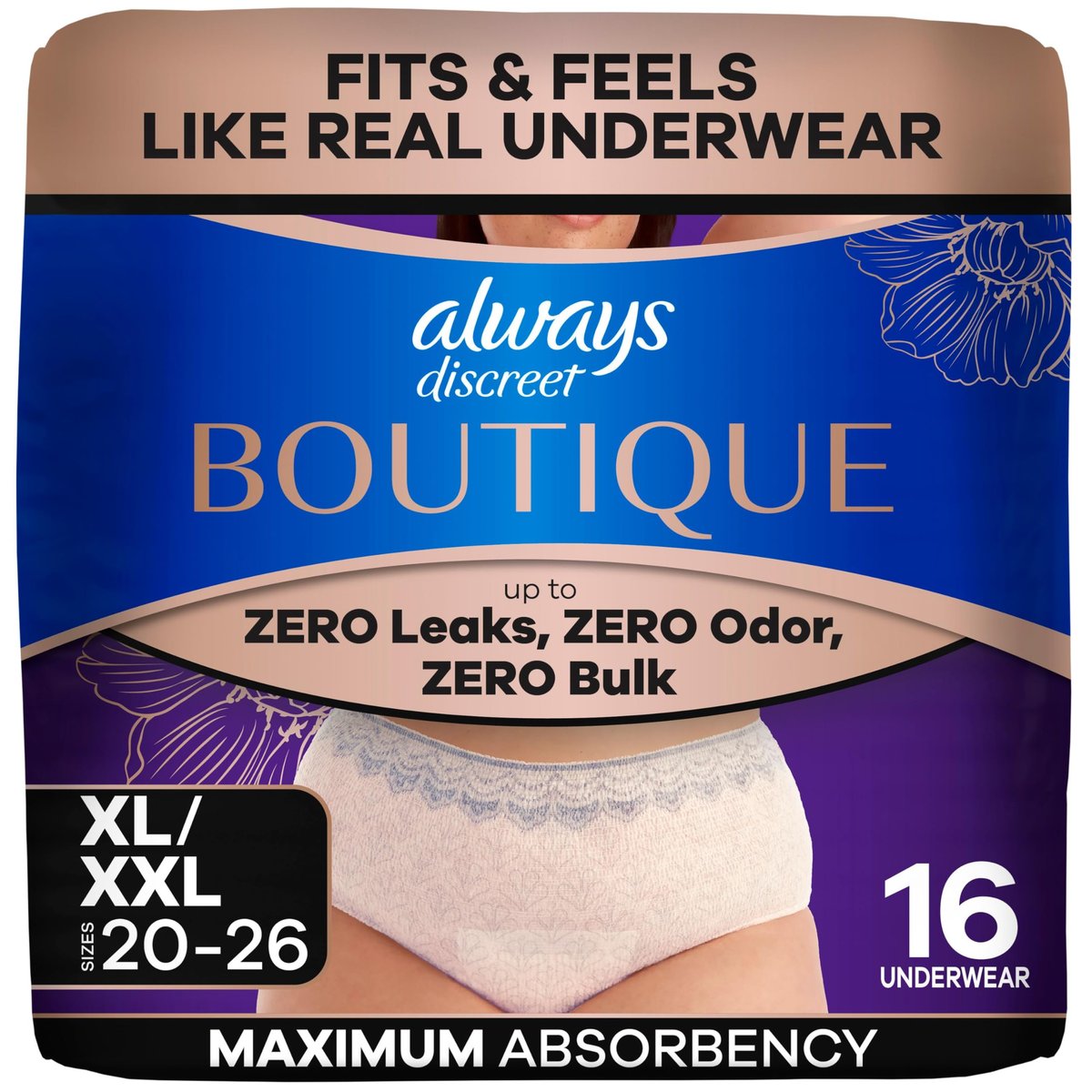 Always Discreet Boutique Black Windelhosen für Damen, Maximaler Schutz, Größe XL/XXL, 16 Stück
