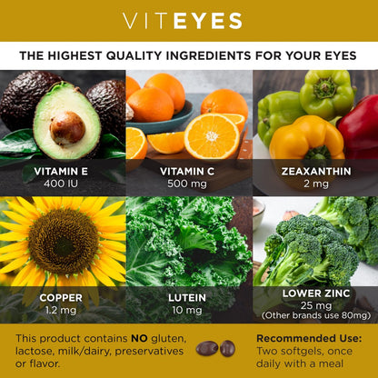 Viteyes AREDS 2 Classic Makulare Gesundheitsformel Weichkapseln, Augenvitamin für Sehschutz, reduziertes Zink, Augen Vitamine, Makulavitamine, Beta-Carotin-frei, 60 Weichkapseln