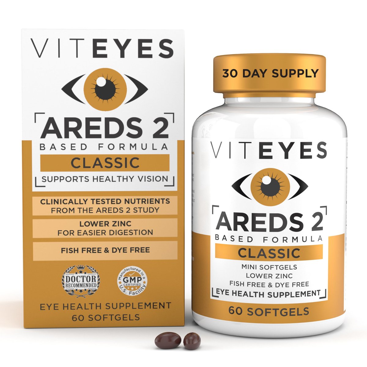 Viteyes AREDS 2 Classic Makulare Gesundheitsformel Weichkapseln, Augenvitamin für Sehschutz, reduziertes Zink, Augen Vitamine, Makulavitamine, Beta-Carotin-frei, 60 Weichkapseln