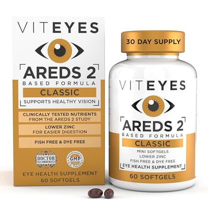 Viteyes AREDS 2 Classic Makulare Gesundheitsformel Weichkapseln, Augenvitamin für Sehschutz, reduziertes Zink, Augen Vitamine, Makulavitamine, Beta-Carotin-frei, 60 Weichkapseln