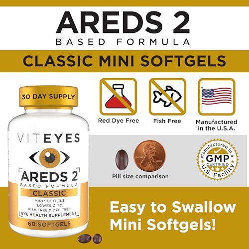 Viteyes AREDS 2 Classic Makulare Gesundheitsformel Weichkapseln, Augenvitamin für Sehschutz, reduziertes Zink, Augen Vitamine, Makulavitamine, Beta-Carotin-frei, 60 Weichkapseln