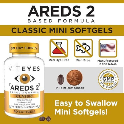 Viteyes AREDS 2 Classic Makulare Gesundheitsformel Weichkapseln, Augenvitamin für Sehschutz, reduziertes Zink, Augen Vitamine, Makulavitamine, Beta-Carotin-frei, 60 Weichkapseln