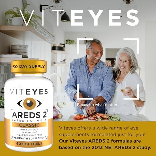 Viteyes AREDS 2 Classic Makulare Gesundheitsformel Weichkapseln, Augenvitamin für Sehschutz, reduziertes Zink, Augen Vitamine, Makulavitamine, Beta-Carotin-frei, 60 Weichkapseln